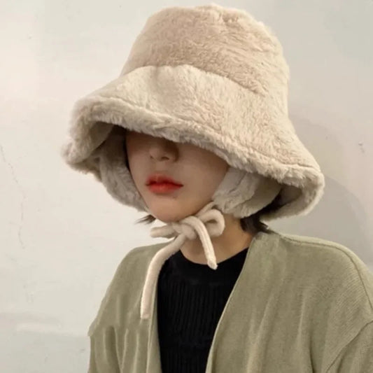 Anime Korean New Ear Protection Bucket Hats for Women Autumn and Winter Travel Versatile Warm Retro Solid Color Plush Men's Caps - MantoMart