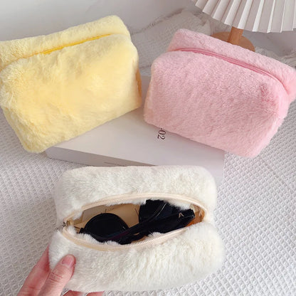 Anime Zipper Large Solid Color Cosmetic Bag Cute Fur Makeup Bag for Women Travel Make Up Bag - MantoMart