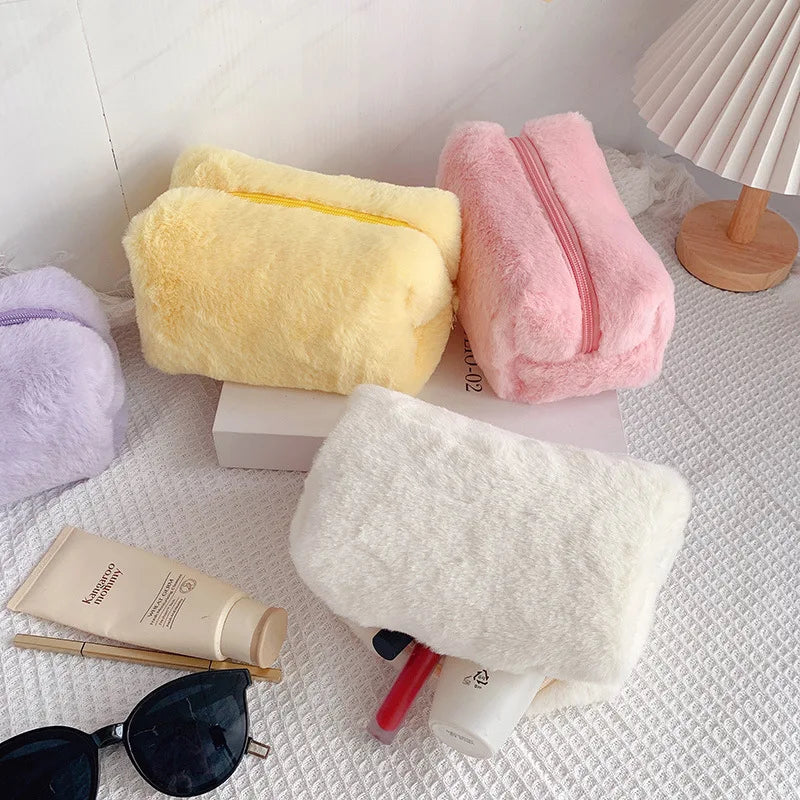 Anime Zipper Large Solid Color Cosmetic Bag Cute Fur Makeup Bag for Women Travel Make Up Bag - MantoMart